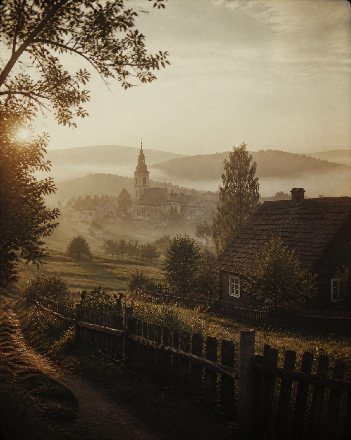Misty Polish countryside village at dawn with a church spire